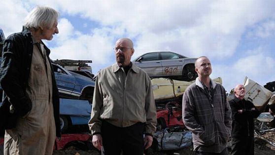 Old Joe (Larry Hankin), Walter White (Bryan Cranston), Jesse Pinkman (Aaron Paul) and Mike (Jonathan Banks)