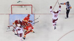Paul Bissonnette #12 of the Phoenix Coyotes celebrates after Nick Johnson #32 scores against Joey MacDonald #35 
