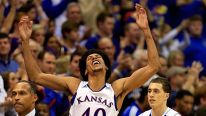 Kevin Young #40 of the Kansas Jayhawks celebrates after scoring during the game against the Kansas State Wildcats at Allen Fieldhouse on February 11, 2013 in Lawrence, Kansas.