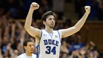 Ryan Kelly #34 of the Duke Blue Devils celebrates after defeating the Miami Hurricanes 79-76 during their game at Cameron Indoor Stadium on March 2, 2013 in Durham, North Carolina.