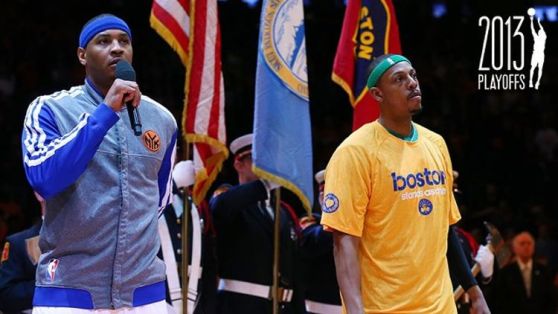 Carmelo Anthony #7 of the New York Knicks and Paul Pierce #34 of the Boston Celtics address the fans before Game One of the Eastern Conference Quarterfinals of the 2013 NBA Playoffs on April 20, 2013 at Madison Square Garden in New York City. w/ Grantland