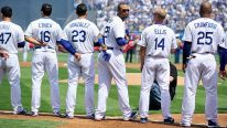 Los Angeles Dodger starting players (L-R) Luis Cruz, Andre Ethier, Adrian Gonzalez, Matt Kemp, Mark Ellis and Carl Crawford opening day at Dodger Stadium on April 1, 2013 in Los Angeles, California.