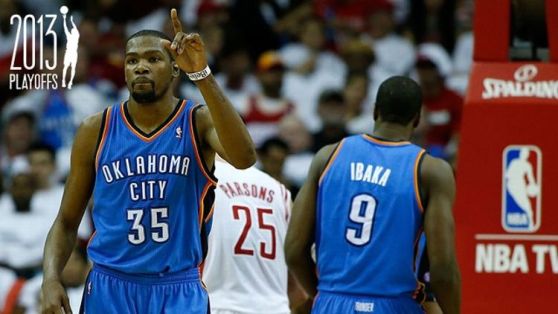 Kevin Durant #35 of the Oklahoma City Thunder celebrates a shot against the Houston Rockets in Game Three of the Western Conference Quarterfinals of the 2013 NBA Playoffs at the Toyota Center Arena on April 27, 2013 in Houston, Texas. w/ Grantland NBA Pla