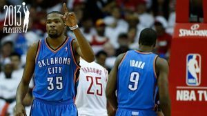 Kevin Durant #35 of the Oklahoma City Thunder celebrates a shot against the Houston Rockets in Game Three of the Western Conference Quarterfinals of the 2013 NBA Playoffs at the Toyota Center Arena on April 27, 2013 in Houston, Texas. w/ Grantland NBA Pla