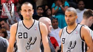 Manu Ginobili #20 of the San Antonio Spurs and Tony Parker #9 of the San Antonio Spurs look on during the Game One of the Western Conference Quarterfinals between the Los Angeles Lakers and the San Antonio Spurs on April 21, 2013 at the AT&T Center in San