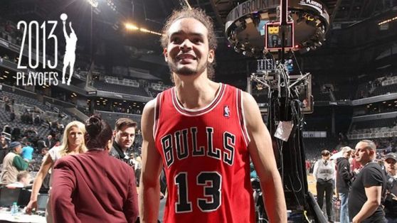 Joakim Noah #13 of the Chicago Bulls smiles after a win against the Brooklyn Nets in Game Two of the Eastern Conference Quarterfinals during the 2013 NBA Playoffs on April 22 at the Barclays Center in the Brooklyn borough of New York City. w/ Grantland NB