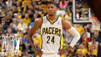 Paul George #24 of the Indiana Pacers looks on during the Game One of the Eastern Conference Quarterfinals between the Indiana Pacers and the Atlanta Hawks on April 21, 2013 at Bankers Life Fieldhouse in Indianapolis, Indiana.