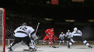 Goalie Jonathan Quick #32 and defensman Matt Greene #2 of the Los Angeles Kings 