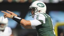 Quarterback Mark Sanchez #6 of the New York Jets calls a play against the Indianapolis Colts when the New York Jets host the Indianapolis Colts at MetLife Stadium on October 14, 2012 in East Rutherford, New Jersey. (Photo by Al Pereira/New York Jets/Getty Images)