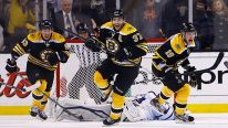 Patrice Bergeron #37, Tyler Seguin #19, and Brad Marchand #63