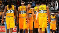 Andre Miller #24 of the Denver Nuggets welcomes his teammates Kenneth Faried #35, Corey Brewer #13, Wilson Chandler #21 and Andre Iguodala #9 of the Denver Nuggets off the court against the Oklahoma City Thunder at the Pepsi Center on January 20, 2013 in 