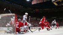 Jimmy Howard #30 and Carlo Colaiacovo #28 of the Detroit Red Wings