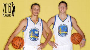 Stephen Curry #30 and Klay Thompson #11 of the Golden State Warriors poses for a portrait during 2012 NBA Media Day on October 1, 2012 in Oakland, California. w/ Grantland NBA Playoffs Logo