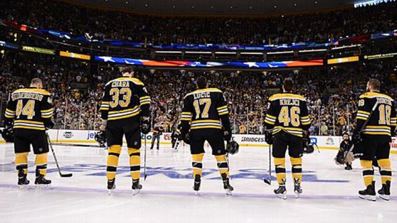 Dennis Seidenberg #44, Zdeno Chara #33, Milan Lucic #17, David Krecji #46 and Nathan Horton #18 of the Boston Bruins