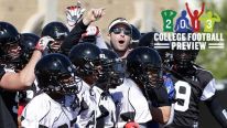 Texas Tech head football coach Kliff Kingsbury, center top, gets his team ready for a spring practice in Lubbock, Texas, Sunday, March 24, 2013. At 33-years-old, the former Texas Tech star quarterback is the youngest head coach of a BCS school heading int