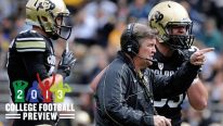 New head coach Mike MacIntyre directs his players from the field. The University of Colorado football team hosts its spring football game at Folsom Field under the direction of new head coach Mike MacIntyre.