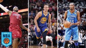 Miami Heat's LeBron James dunks in the first quarter as the Miami Heat faced Oklahoma City Thunder at AmericanAirlines Arena in Miami, Florida, on Tuesday, December 25, 2012. (Pedro Portal/El Nuevo Herald/MCT via Getty Images) //  Stephen Curry #30 of the