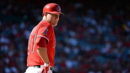 Mike Trout #27 of the Los Angeles Angels