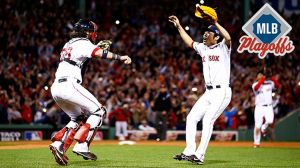 Boston's Koji Uehara and Jarrod Saltalamacchia celebrate