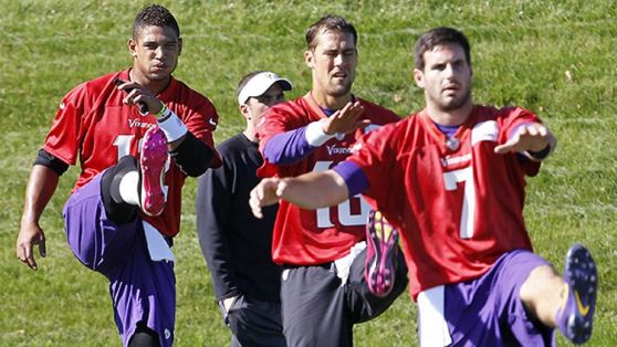 Minnesota Vikings quarterbacks Josh Freeman, Matt Cassell, and Christian Ponder