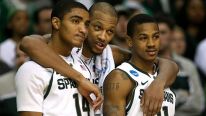 (L_R) Gary Harris #14, Adreian Payne #5 and Keith Appling #11 of the Michigan State Spartans look on late in the second half against the Memphis Tigers during the third round of the 2013 NCAA Men's Basketball Tournament at The Palace of Auburn Hills on Ma