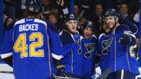 T.J. Oshie #74, Derek Roy #12 Alexander Steen #20 and Alex Pietrangelo #27 of the St. Louis Blues