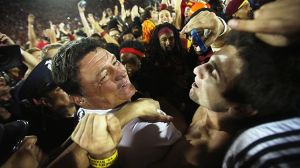 USC's Ed Orgeron celebrates his team's upset win over Stanford