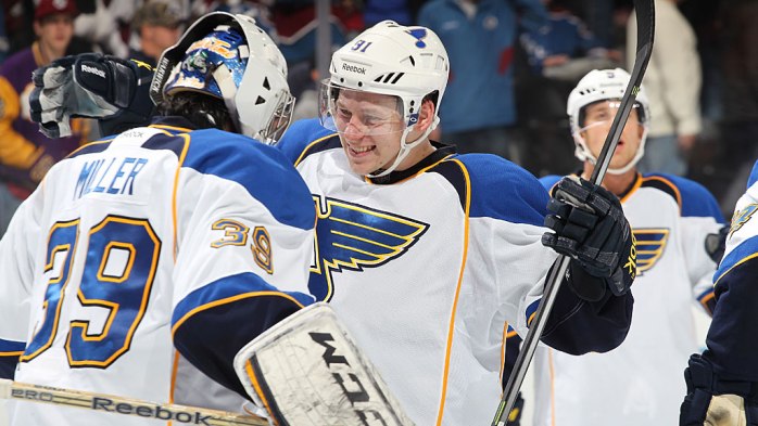 Vladimir Tarasenko #91 and Ryan Miller #39 of the St Louis Blues