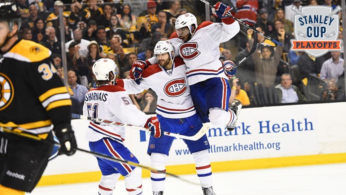 David Desharnais #51, Max Pacioretty #67 and P.K. Subban #76 of the Montreal Canadiens